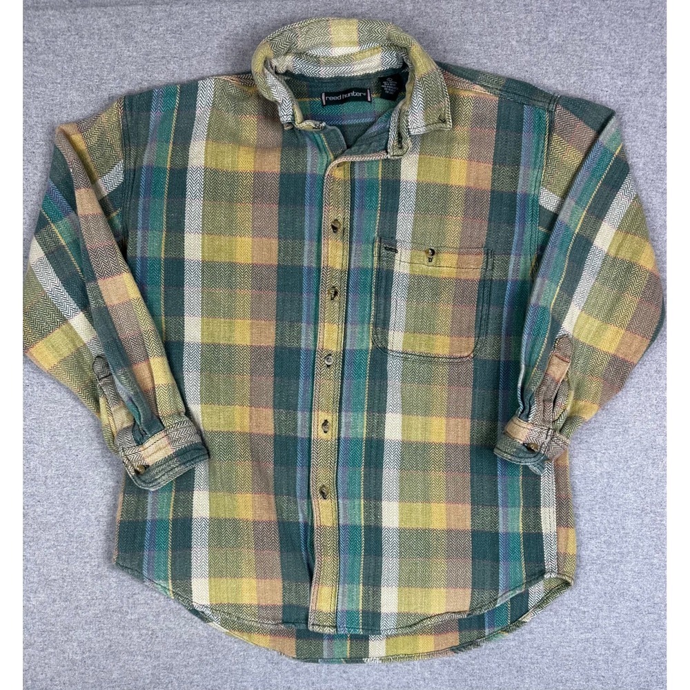 VTG Reed Hunter Flannel Shirt Mens L‎ Green Plaid Herringbone Button Up Y2K